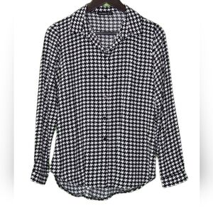 Black and White Houndstooth Button-Up Shirt, Dressy Casual Top, Small